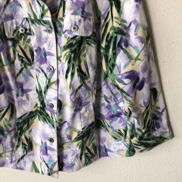 JM COLLECTION Women's Purple Green Floral Denim Jacket Pockets Long Slee… - Picture 2 of 9